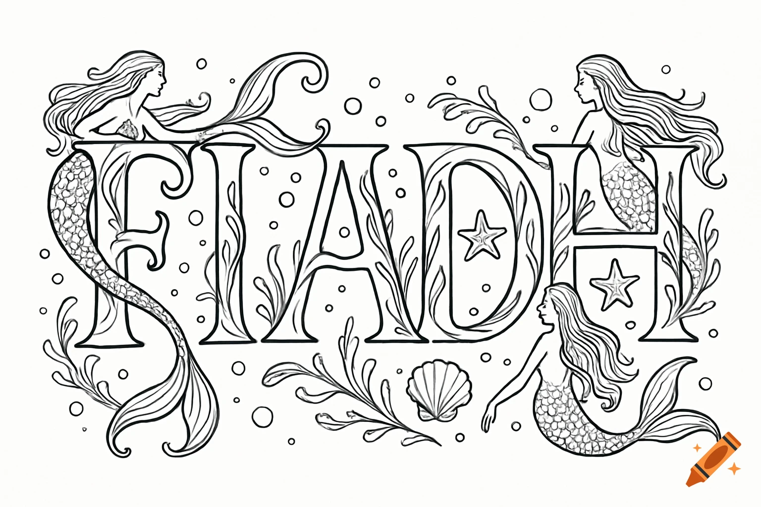 A black and white coloring page featuring the word FIADH decorated with mermaids, seaweed, and bubbles in a stylized line art drawing.