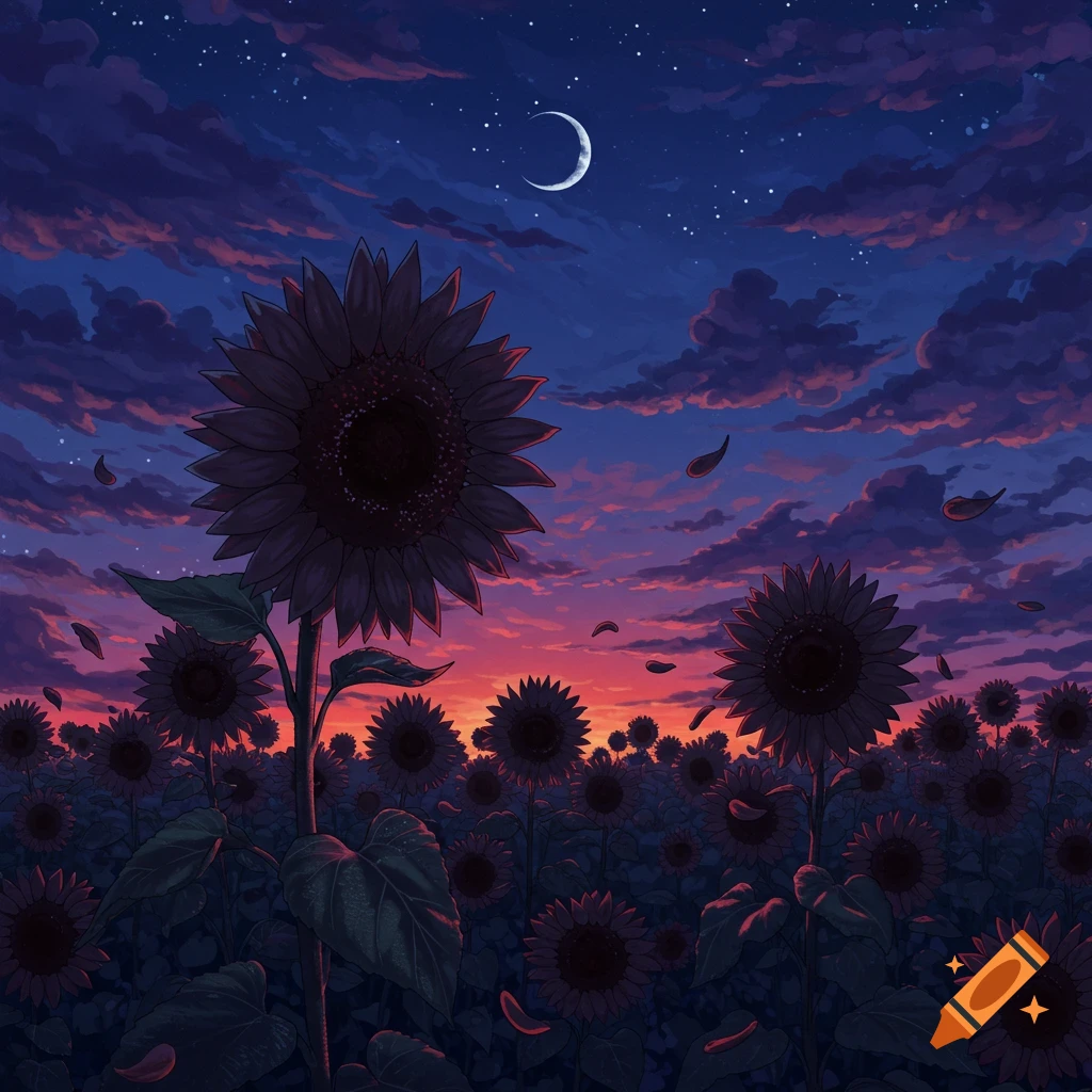 Anime style illustration of a field of dark sunflowers under a night sky with a crescent moon and sunset clouds.