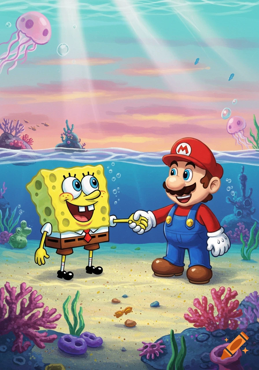 Vibrant cartoon of SpongeBob SquarePants and Mario shaking hands underwater with coral and jellyfish.