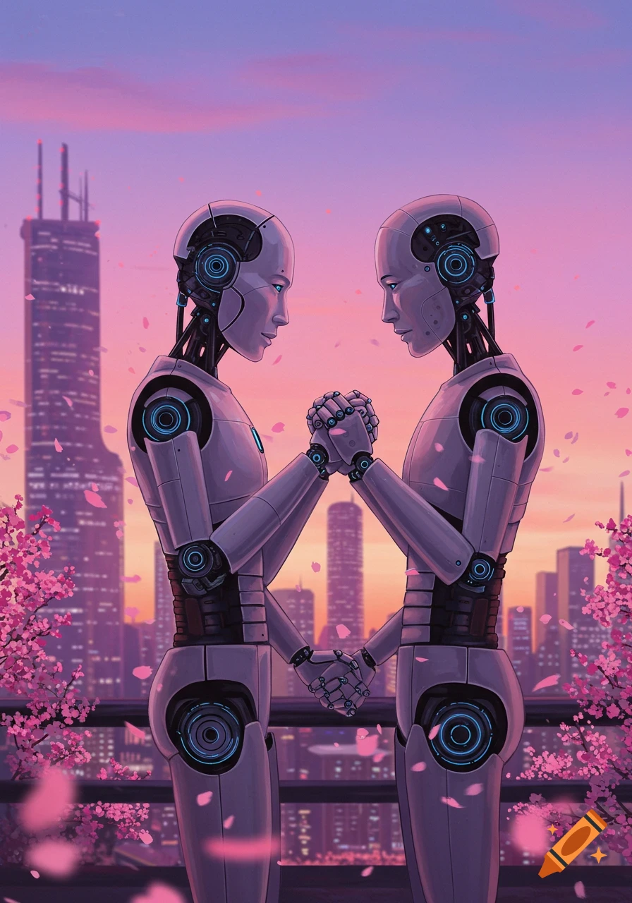 Digital art of two humanoid robots holding hands, facing each other with a city skyline and cherry blossoms at sunset.