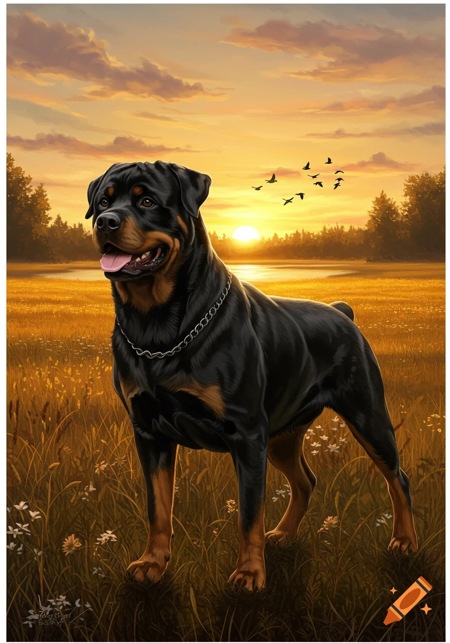 A black and tan Rottweiler dog stands in a golden field at sunset with birds flying, digital painting.