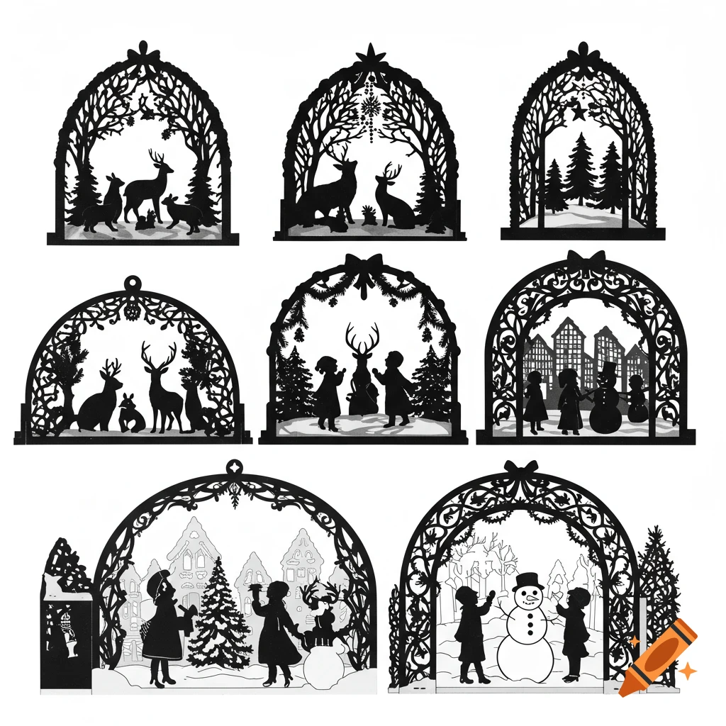 Nine black silhouette laser-cut templates for Christmas candle arches, featuring winter forest scenes with deer, children, snowmen, and village houses.