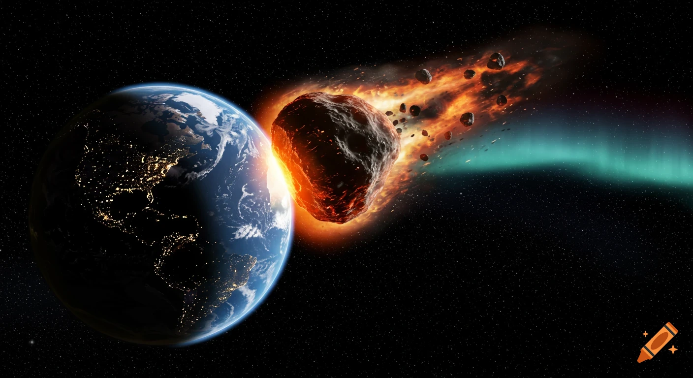 A large, fiery asteroid approaches Earth in space, with glowing city lights  visible on the planet's night side. on Craiyon
