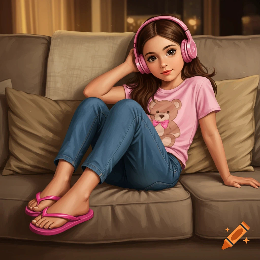 Digital art of a young girl with brown hair and pink headphones, wearing a pink teddy bear shirt, blue jeans, and pink flip-flops, sitting on a couch.