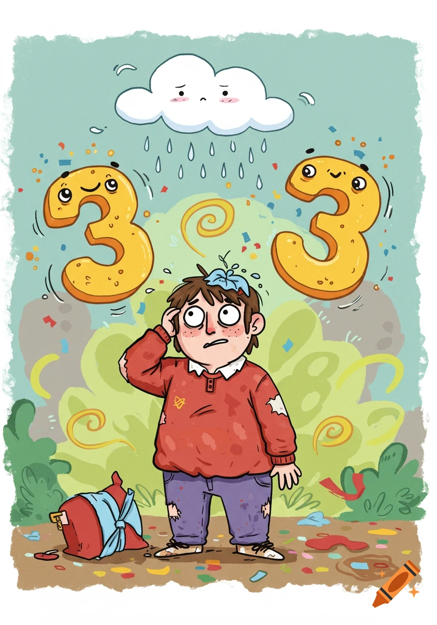 A cartoon boy looks sad amidst confetti and two smiling number 3s, under a sad raining cloud.