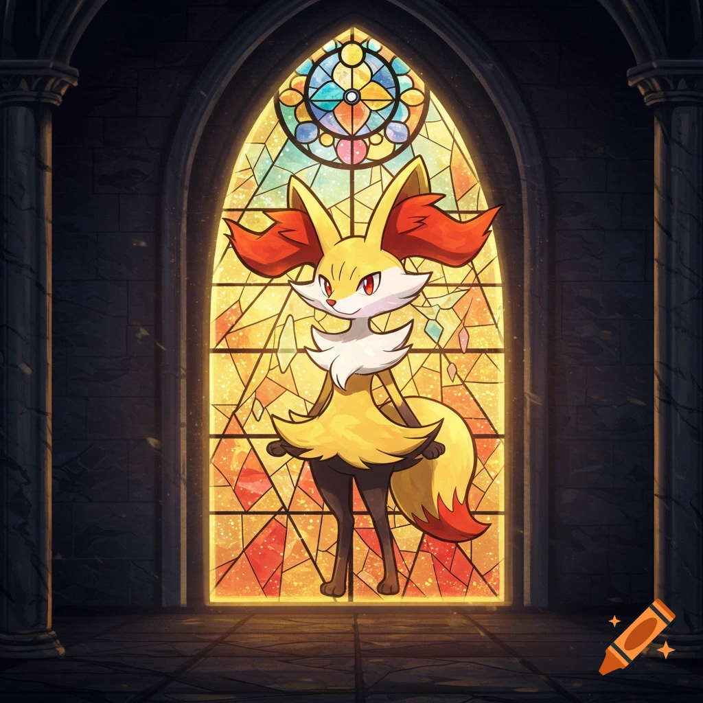 A Braixen Pokémon character depicted as a vibrant stained glass panel within a dark, vaulted stone church interior.