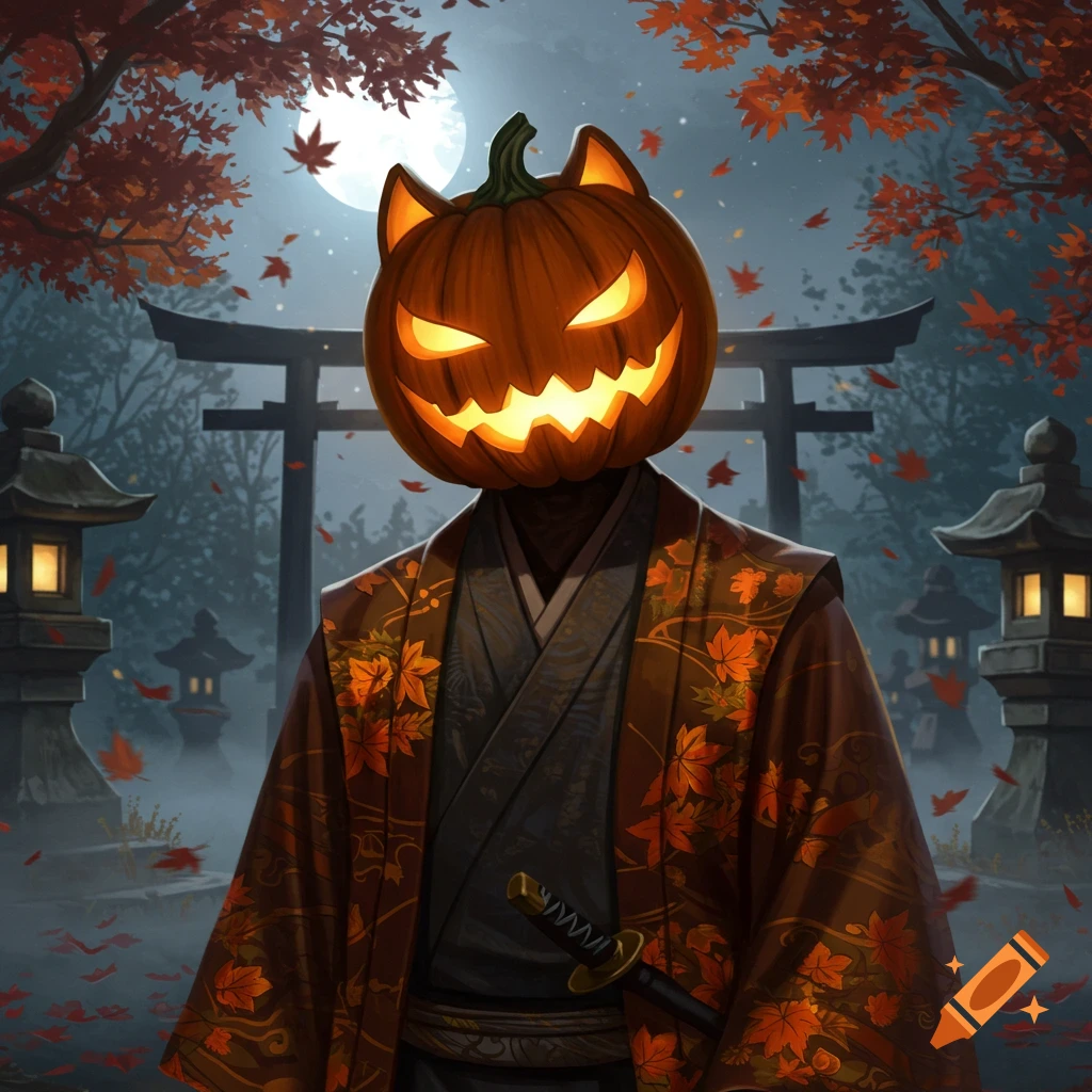 A glowing jack-o'-lantern man with cat ears, in a kimono with a sword, in a moonlit Japanese autumn garden with torii gates.