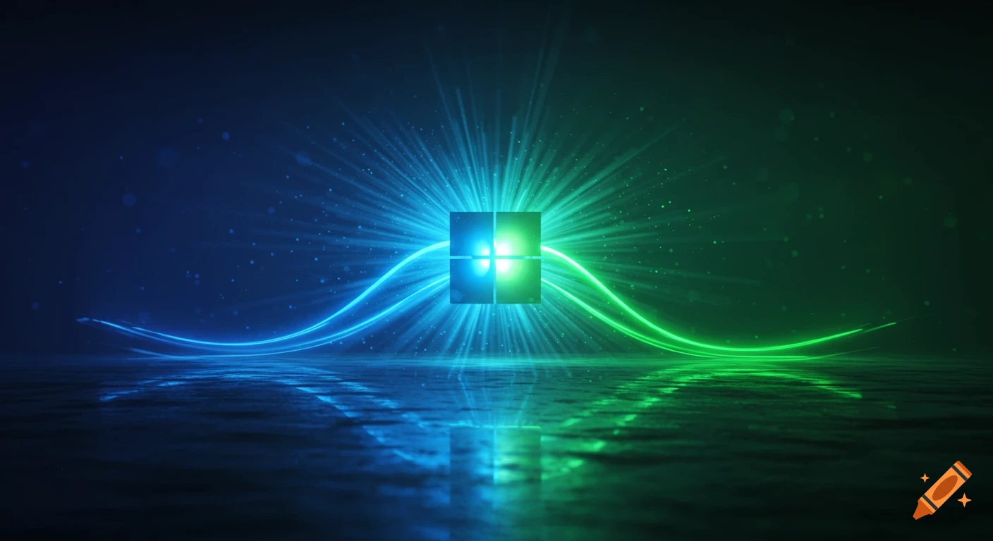 A glowing Windows logo with radiating blue and green light rays, reflected on a dark, wet surface.