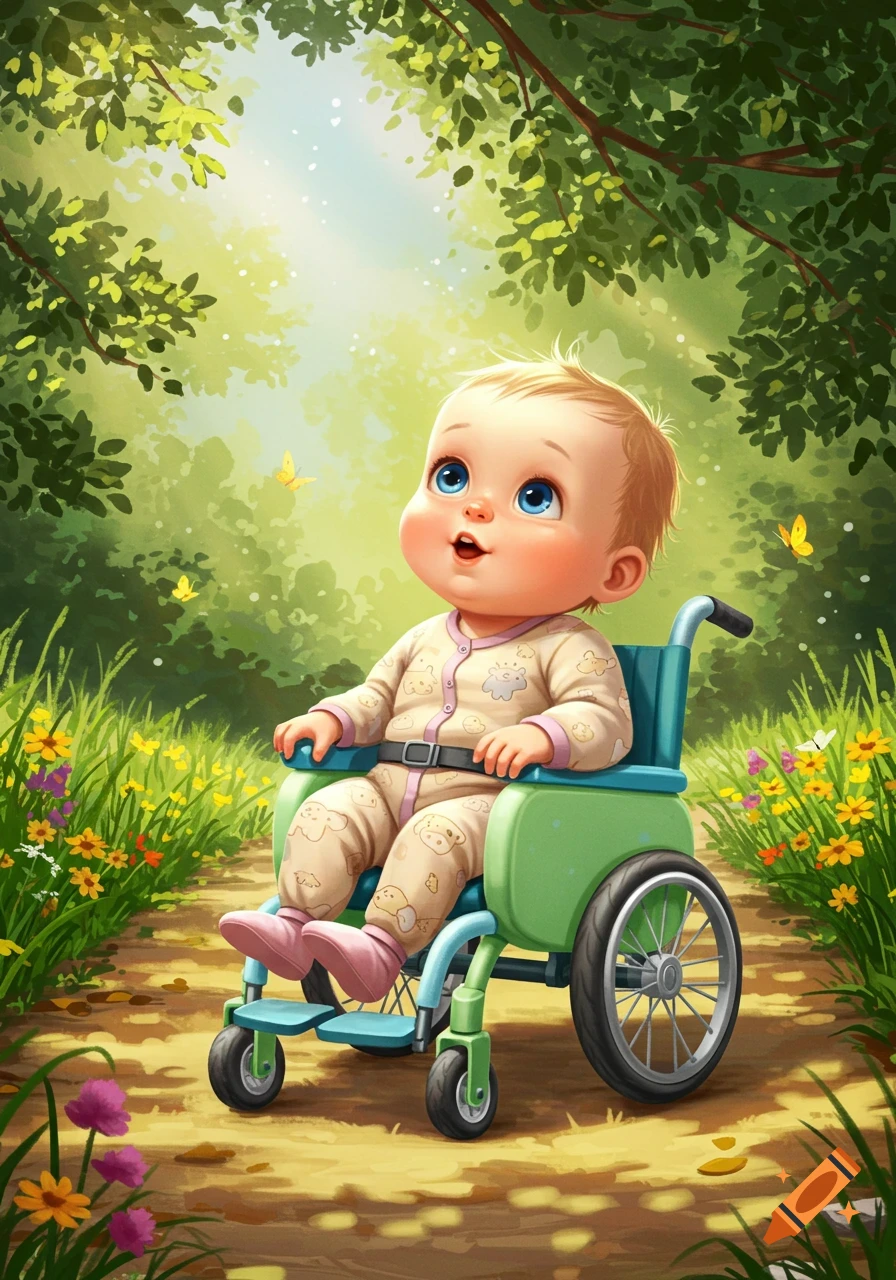 A cute cartoon baby with blue eyes sits in a green wheelchair on a sunny forest path, looking up at butterflies.