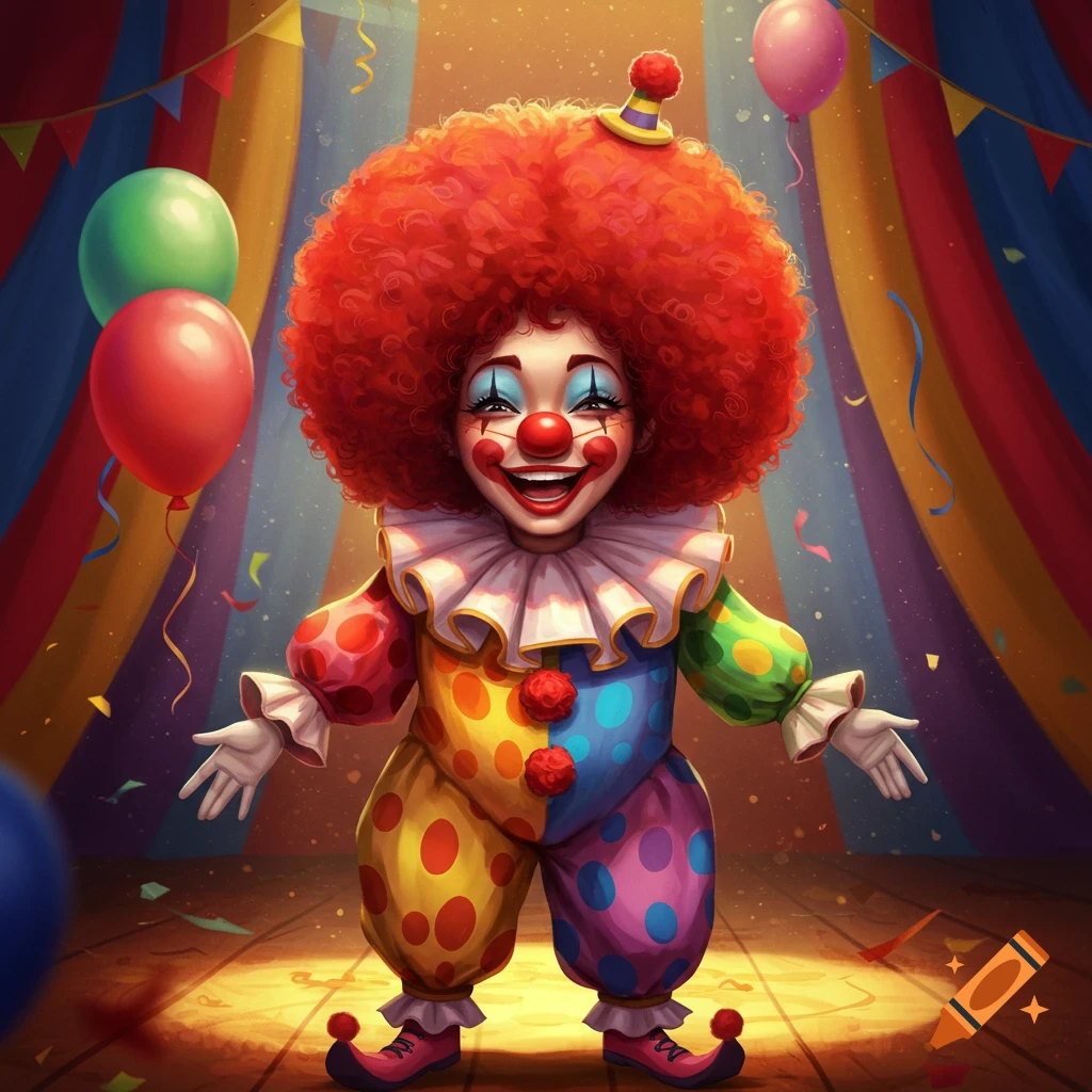 Vibrant cartoon illustration of a happy clown with a huge red afro, red nose, and colorful polka dot costume in a circus tent.