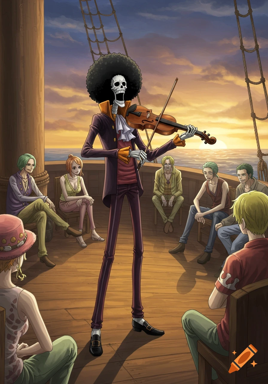 Anime-style Brook the skeleton plays violin on a pirate ship deck for his crew at sunset.