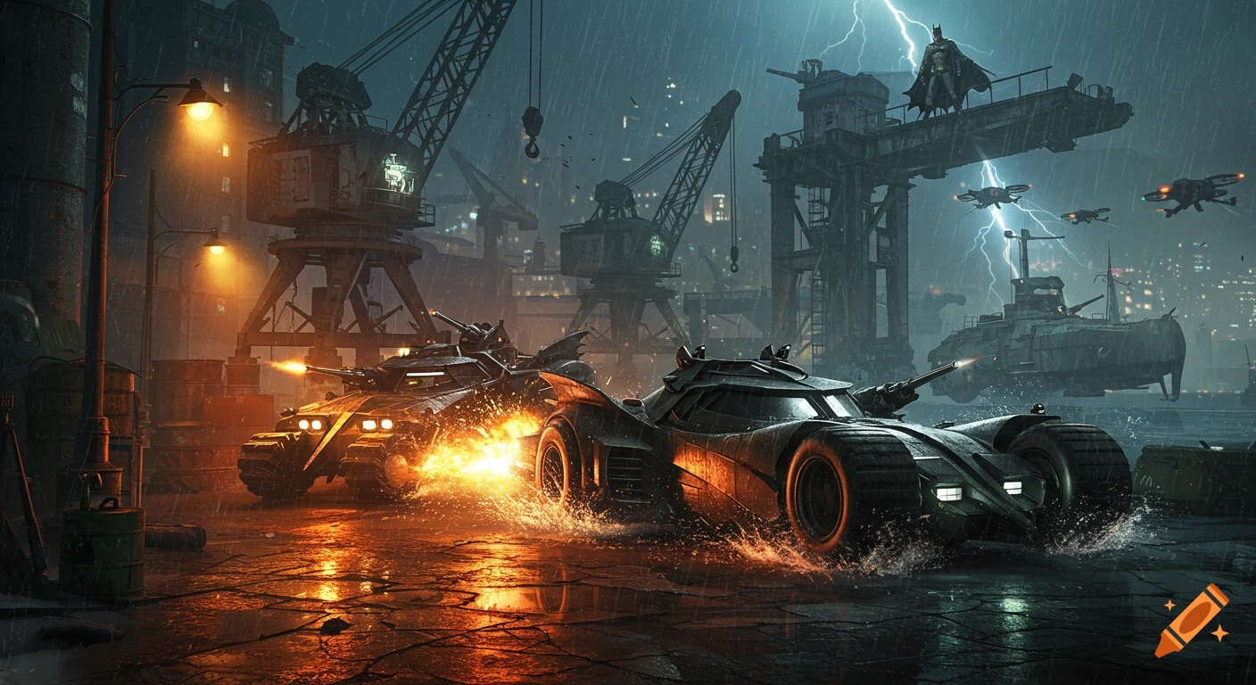 Batman overlooks a rainy Gotham dockland scene with Batmobiles and an armored convoy driving through sparks and water at night.