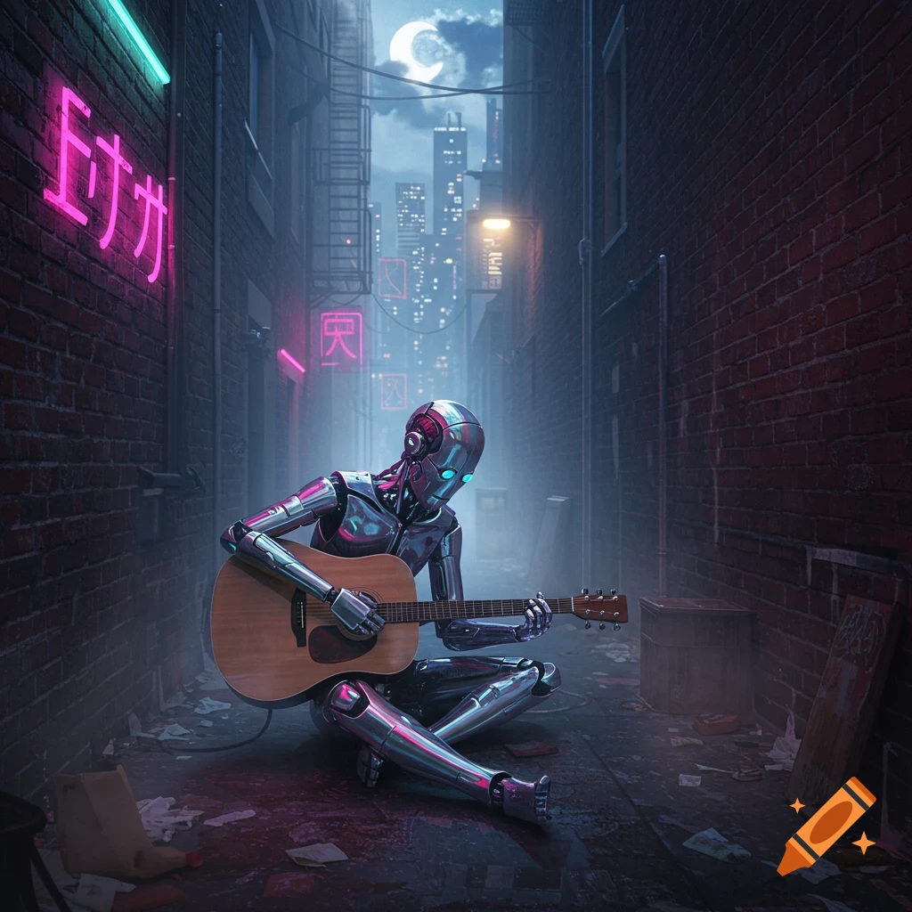 A metallic robot with glowing blue eyes sits in a dark, neon-lit alleyway at night, playing an acoustic guitar. City buildings and a full moon are visible in the background.