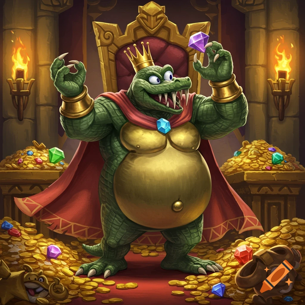 King K. Rool, a large green alligator wearing a crown and cape, sits on a golden throne, holding a gem amidst piles of gold coins and jewels in a dungeon.