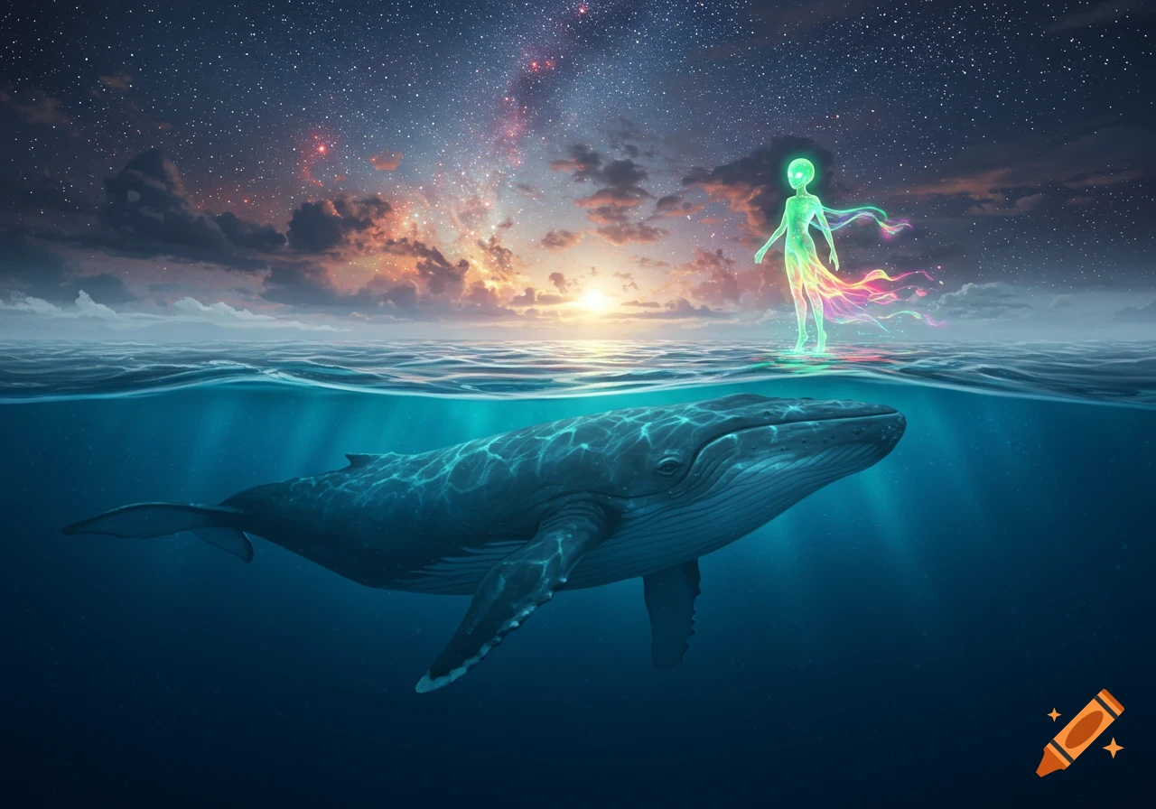 A surreal scene of a large whale underwater, beneath a glowing alien figure standing on the ocean surface at sunset under a starry sky.