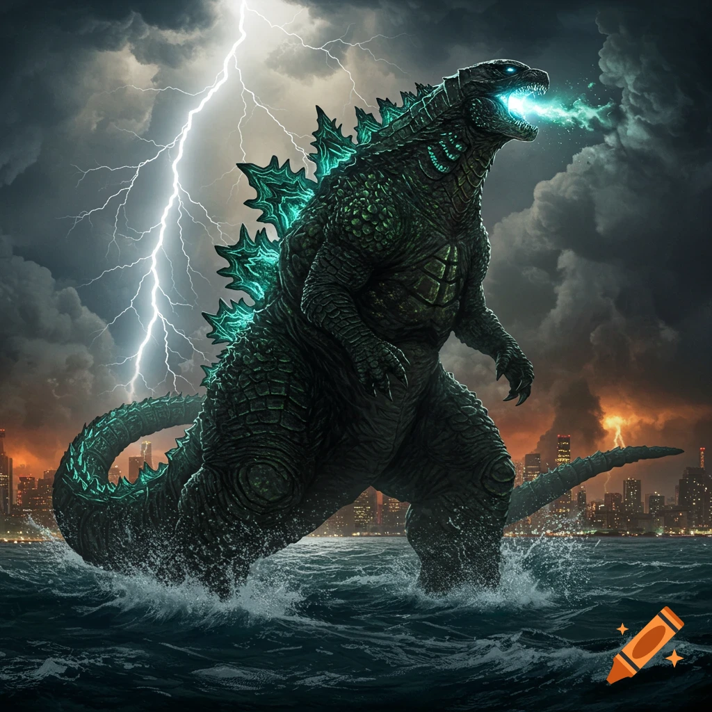 Photorealistic Godzilla rises from a stormy ocean, breathing blue fire, with lightning in the dark sky over a city.