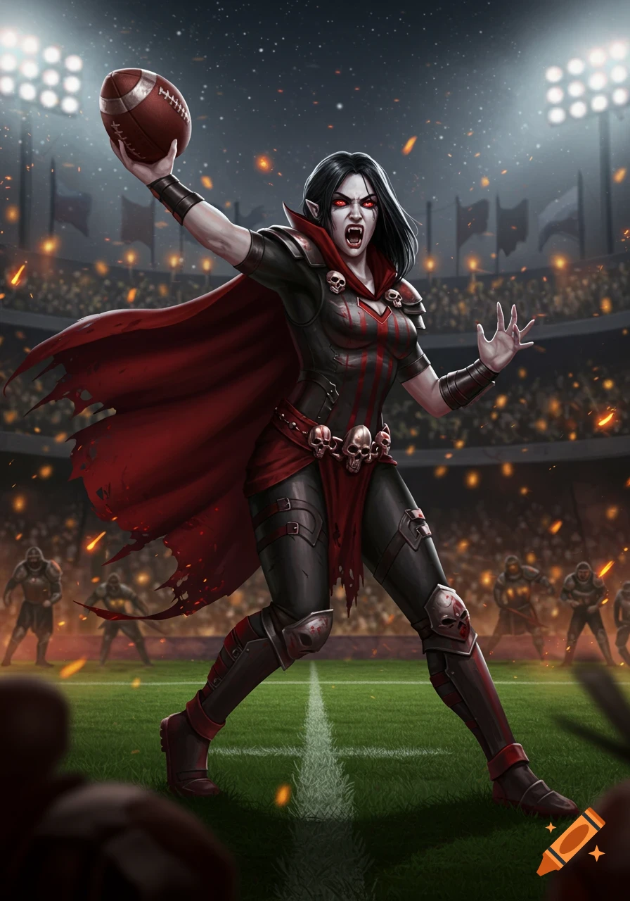 A female vampire in dark armor and a red cape poses to throw a football on a stadium field at night in a fantasy art style.