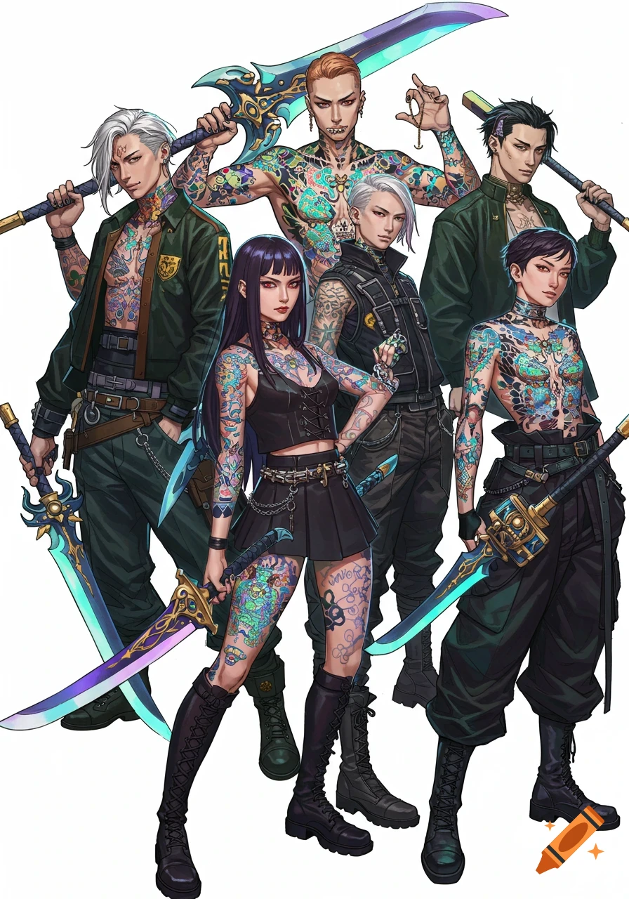 Group of six heavily tattooed individuals, in an anime style, holding glowing swords against a plain white background.