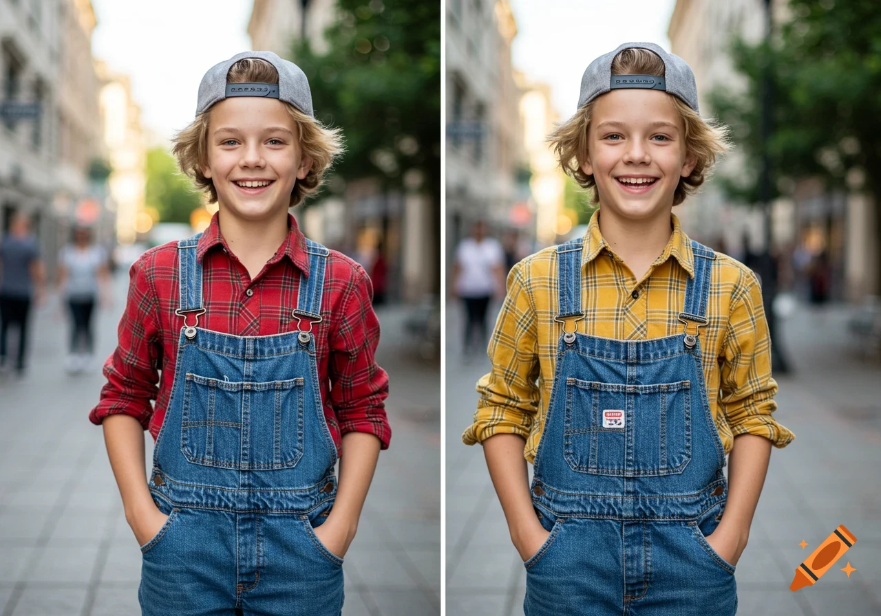 Two smiling identical blonde boys in denim overalls and plaid shirts, wearing backward gray caps, stand on a city street.