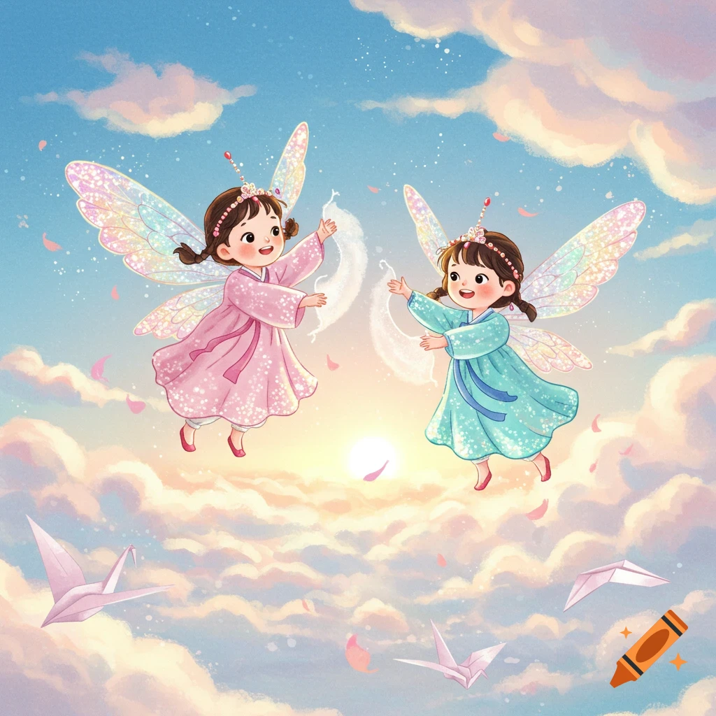 Two smiling fairy girls in pink and teal traditional Korean dresses fly with sparkling wings among clouds and paper cranes in a cheerful children's illustration.