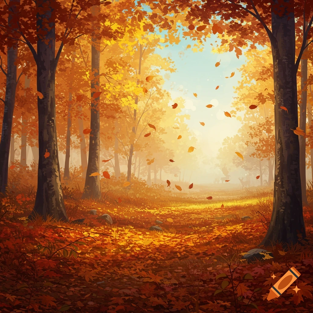 Vibrant autumn forest with golden and orange trees, falling leaves, and a sunlit path leading into a misty background.