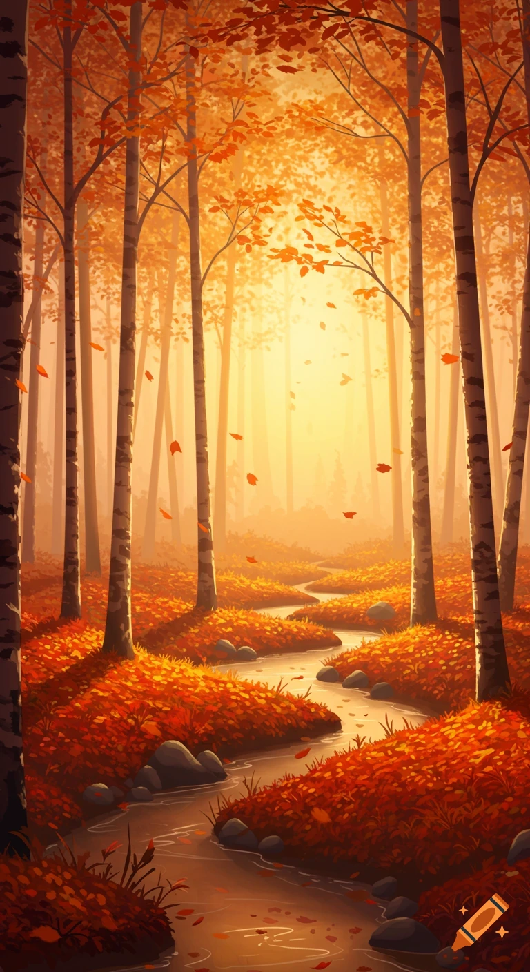 A vibrant painted autumn forest scene with golden light, falling orange leaves, a winding stream, and tall trees.