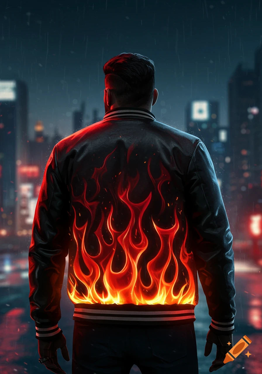 A man from behind wears a black varsity jacket with a fiery flame design on the back, standing in a rainy city at night.