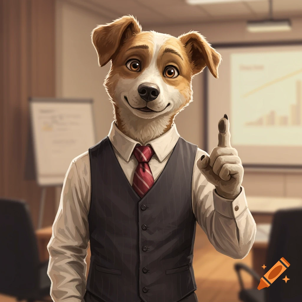An anthropomorphic cartoon dog in a business suit smiles and points upwards with one paw in an office setting with a projector screen.