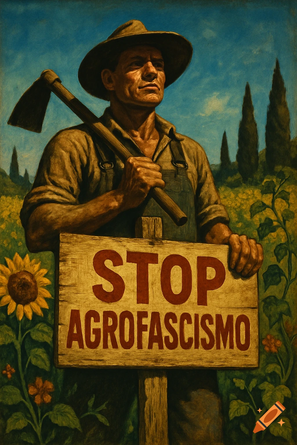 A stylized painting of a farmer holding a hoe, standing in a field with a sign that reads 'STOP AGROFASCISMO'.