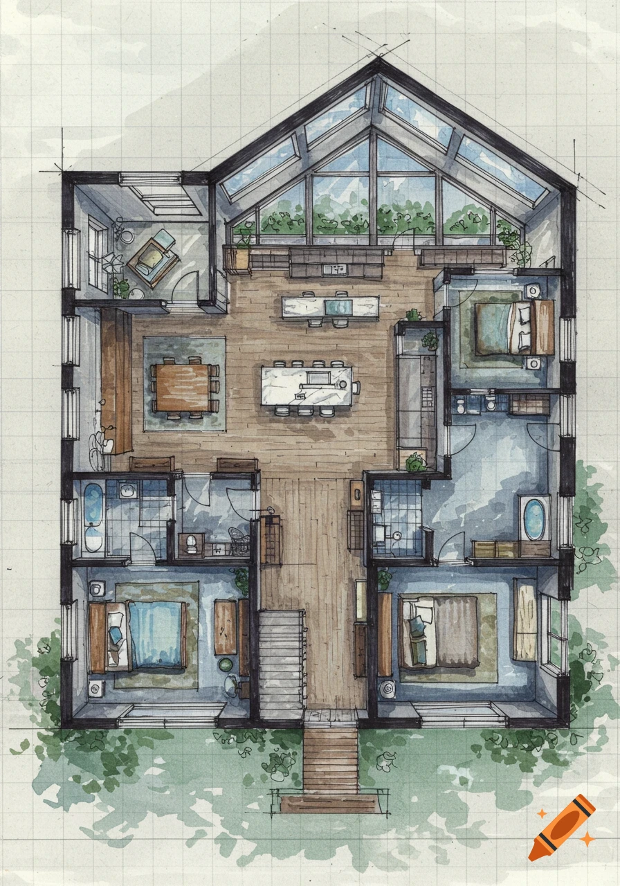 Overhead watercolor drawing of a multi-room house floor plan on grid paper, showing living areas, bedrooms, and bathrooms.