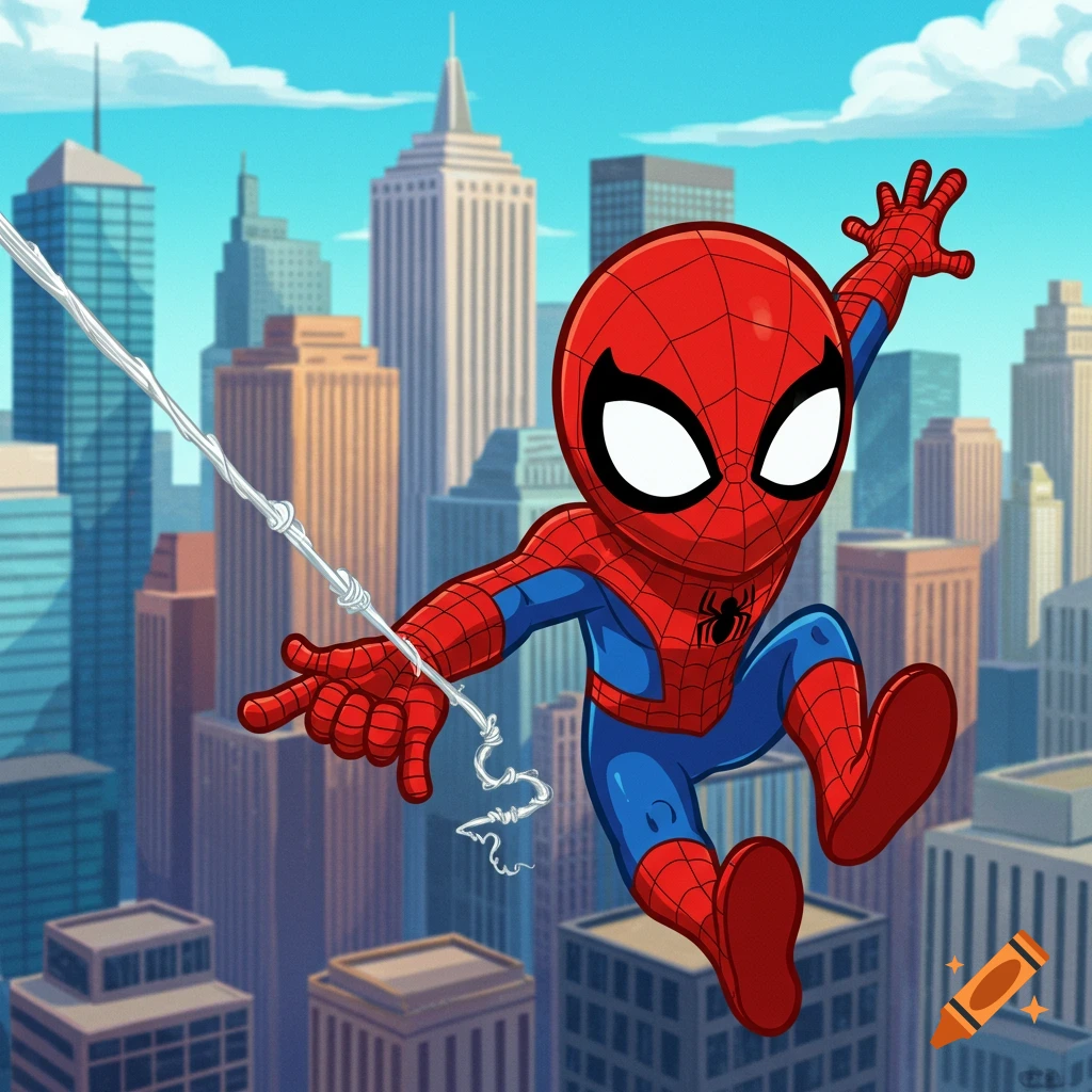 A cute cartoon Spider-Man swings a web over a city skyline.