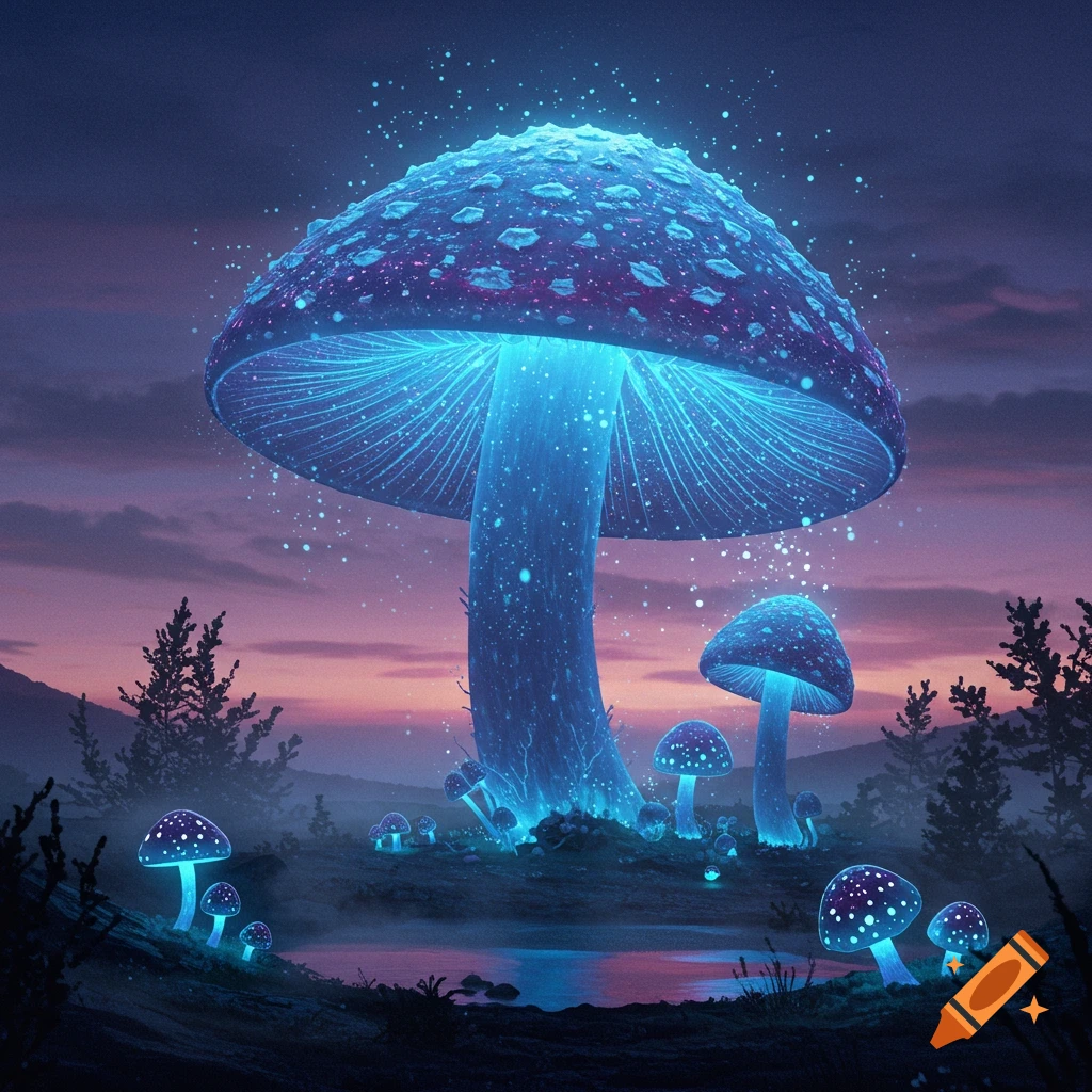 Ethereal giant glowing blue mushrooms and smaller fungi in a twilight forest with a small reflective pond.