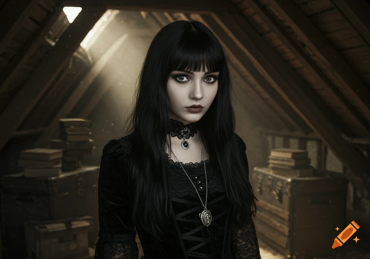 Photorealistic portrait of a pale gothic teenage girl with long black hair, wearing black lace, in a dusty attic.