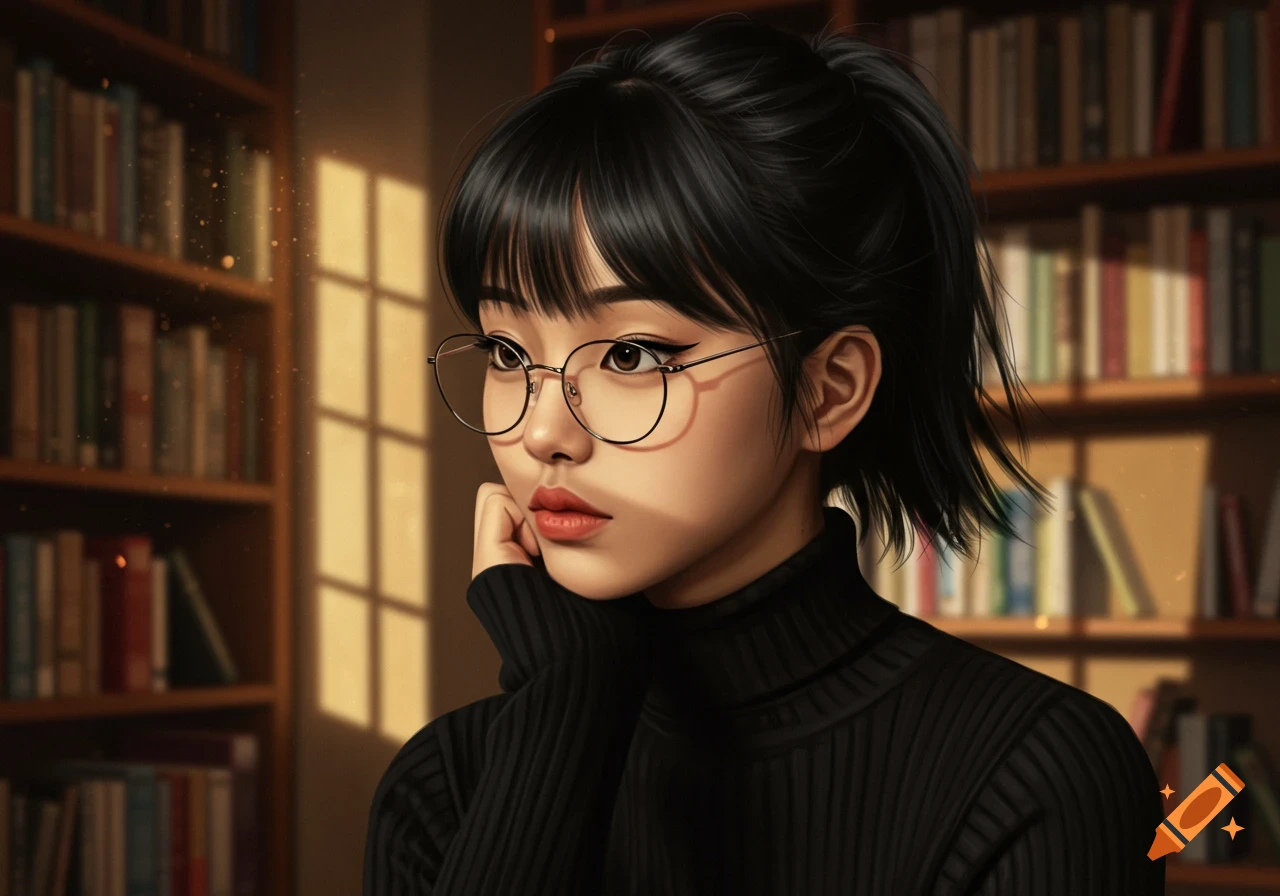 Digital art portrait of an Asian girl with glasses and a black turtleneck, in a sunlit library.