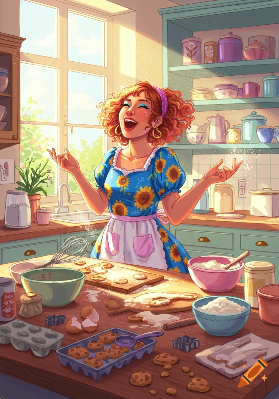 A vibrant illustration of a cheerful woman with curly red hair, laughing and baking cookies in a sunlit kitchen.