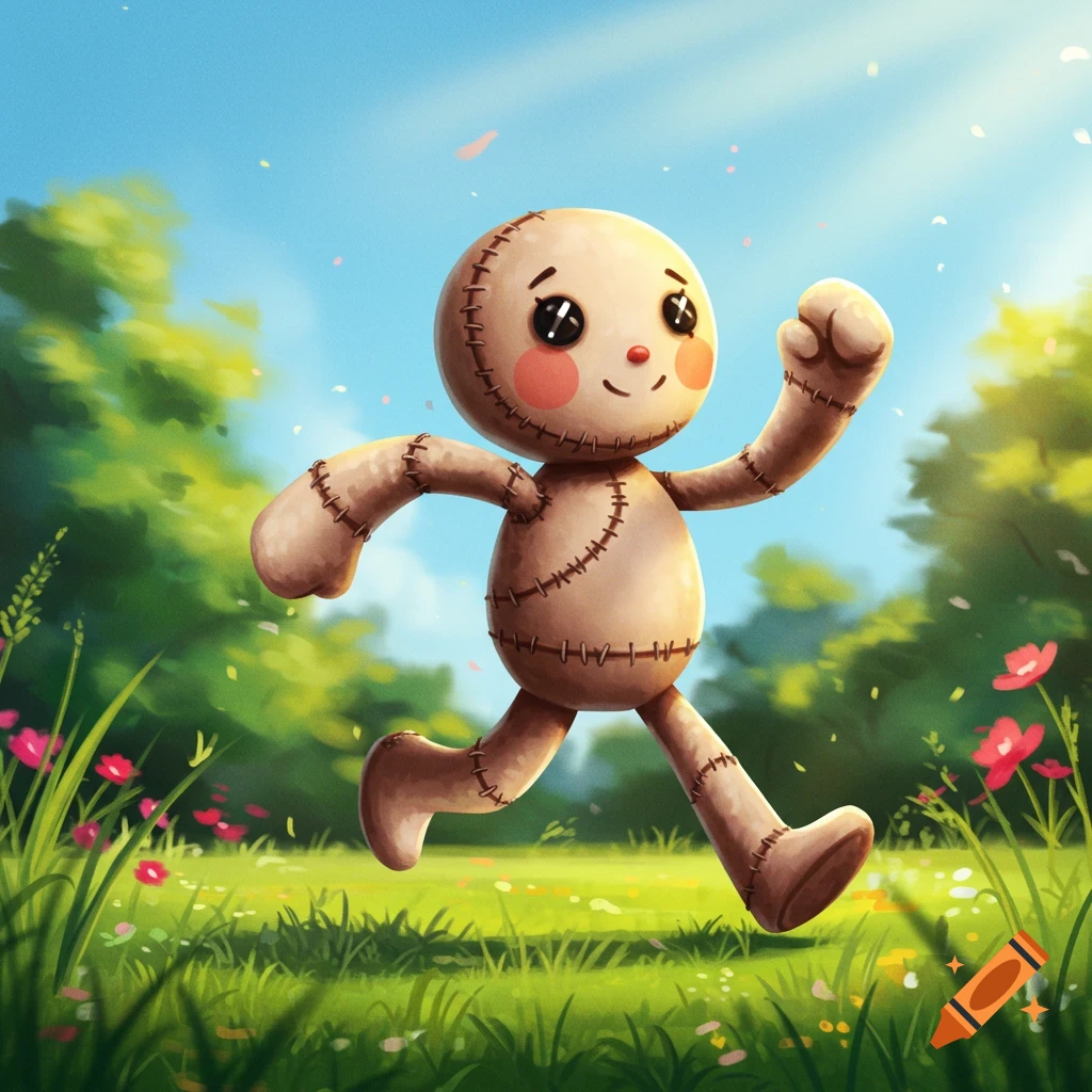 A cute cartoon rag doll with stitches runs through a sunny green field filled with flowers under a blue sky.