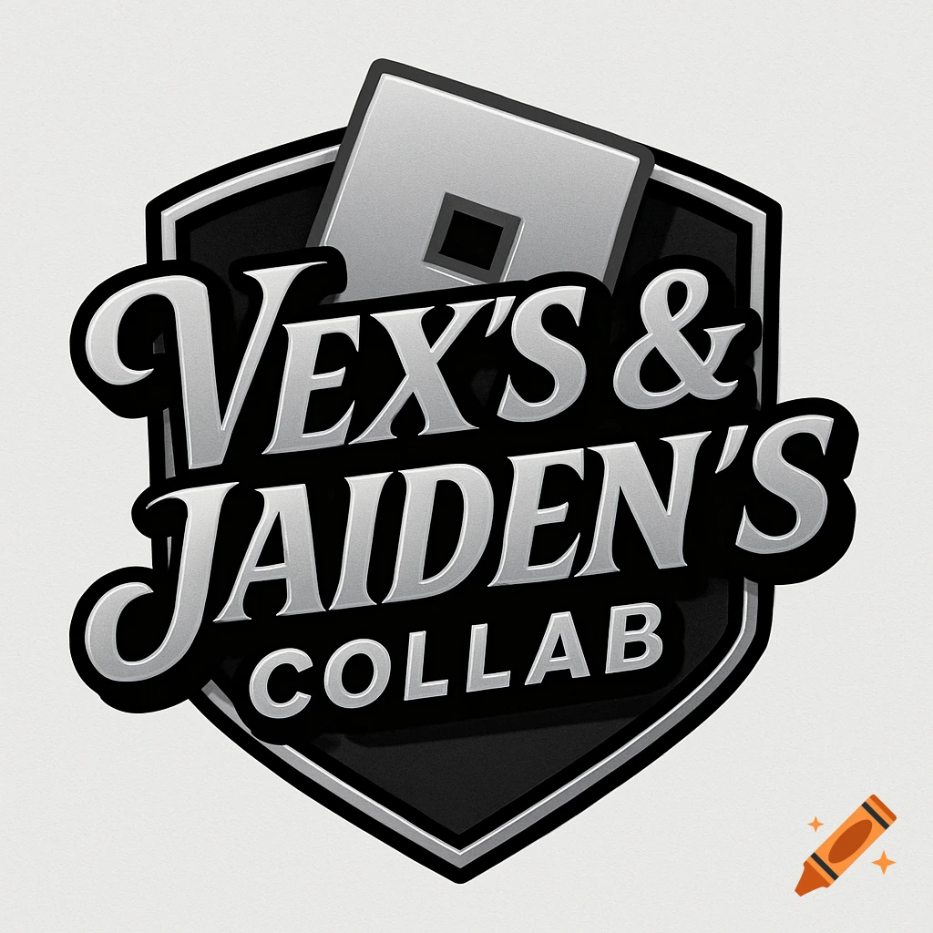 A black and white logo with "Vex's & Jaiden's Collab" text and a Roblox logo.