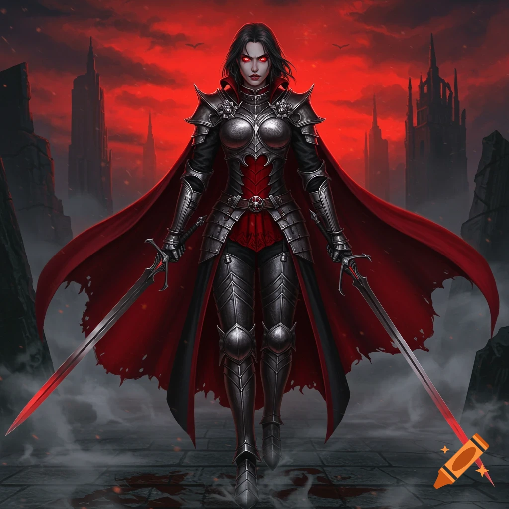 Female vampire warrior in dark armor and red cape, holding two swords, stands in a gothic city under a blood-red sky. Digital painting.