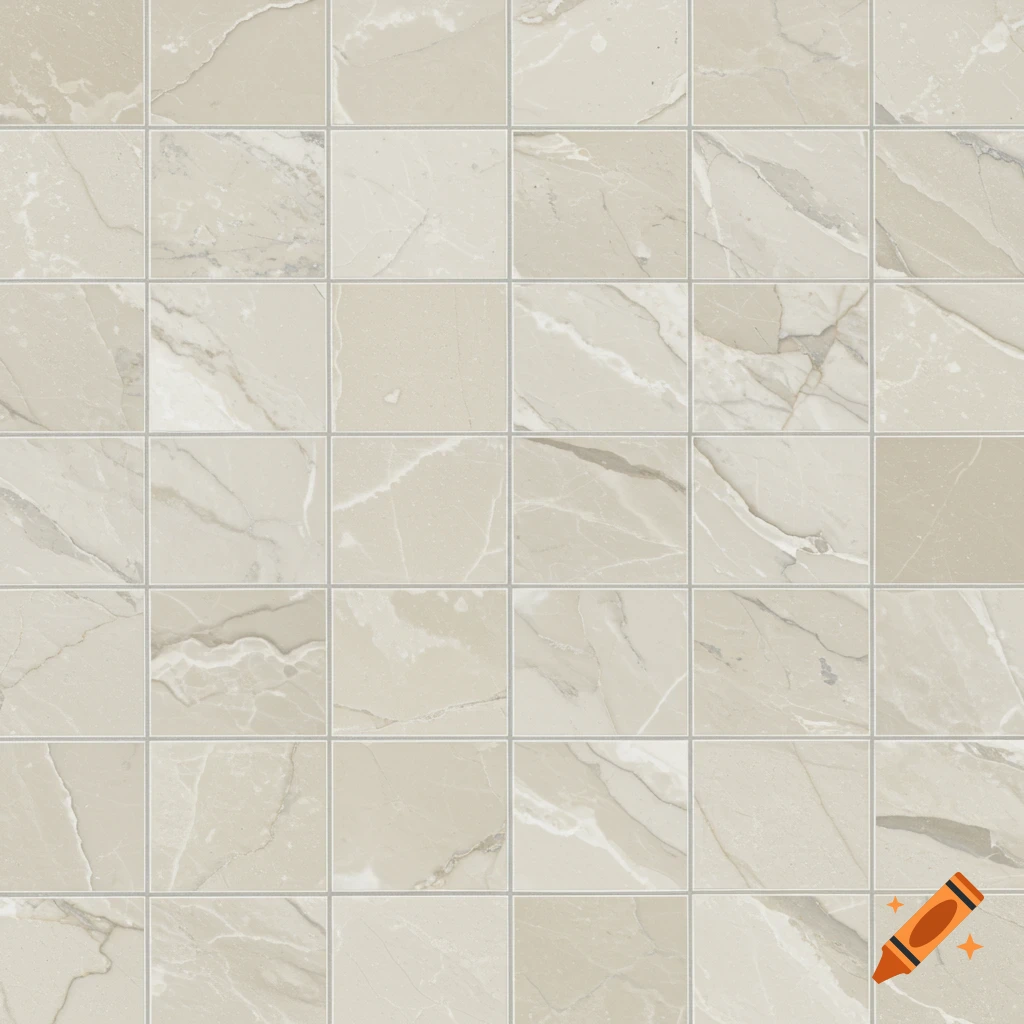 Seamless pattern of light beige square marble tiles with subtle veining, suitable for a bathroom wall texture.