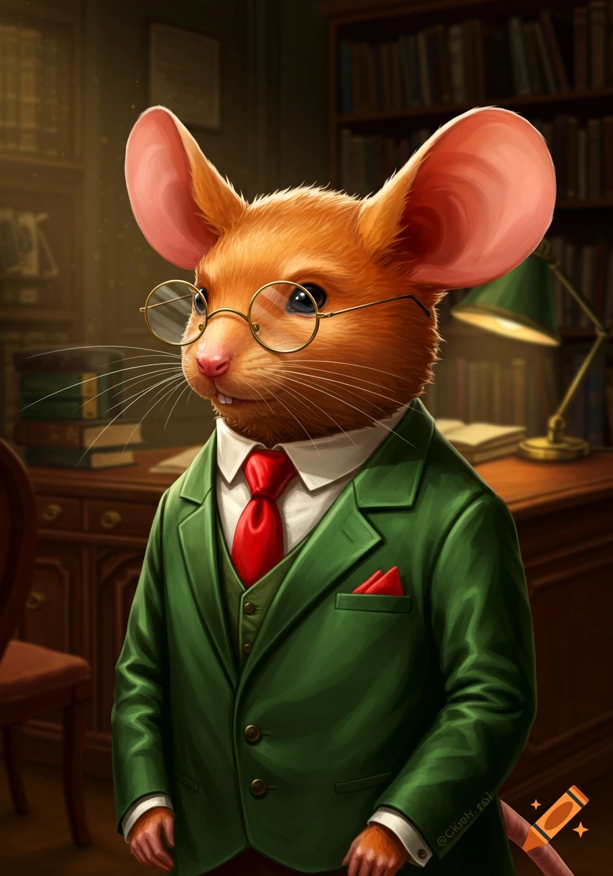 A detailed illustration of an anthropomorphic ginger mouse in a green suit, red tie, and glasses, standing in a library.