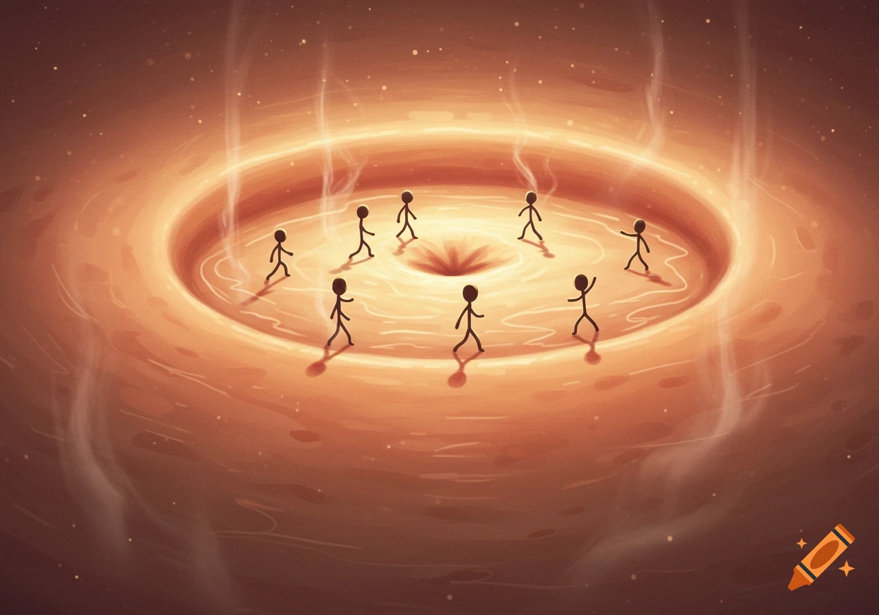 Seven stick figures walk around a deep, swirling orange vortex in a conceptual illustration.
