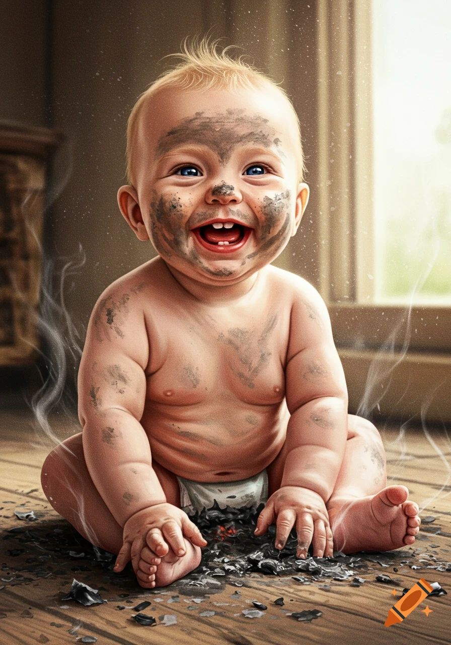 A happy, messy baby covered in ash, sitting on a wooden floor with debris, smiling broadly in photorealistic style.