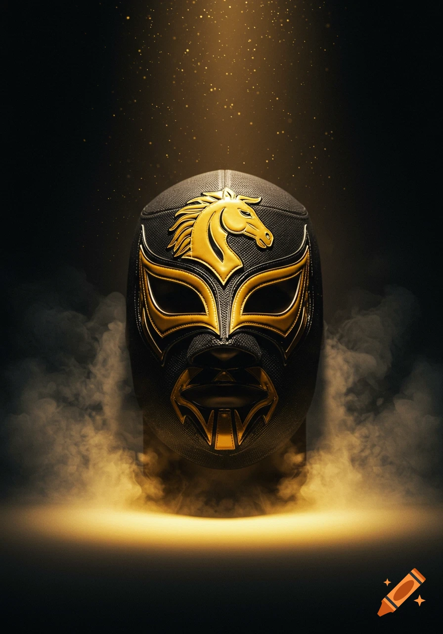 A black wrestling mask with a prominent gold horse emblem, dramatically lit from above with golden light and smoke.