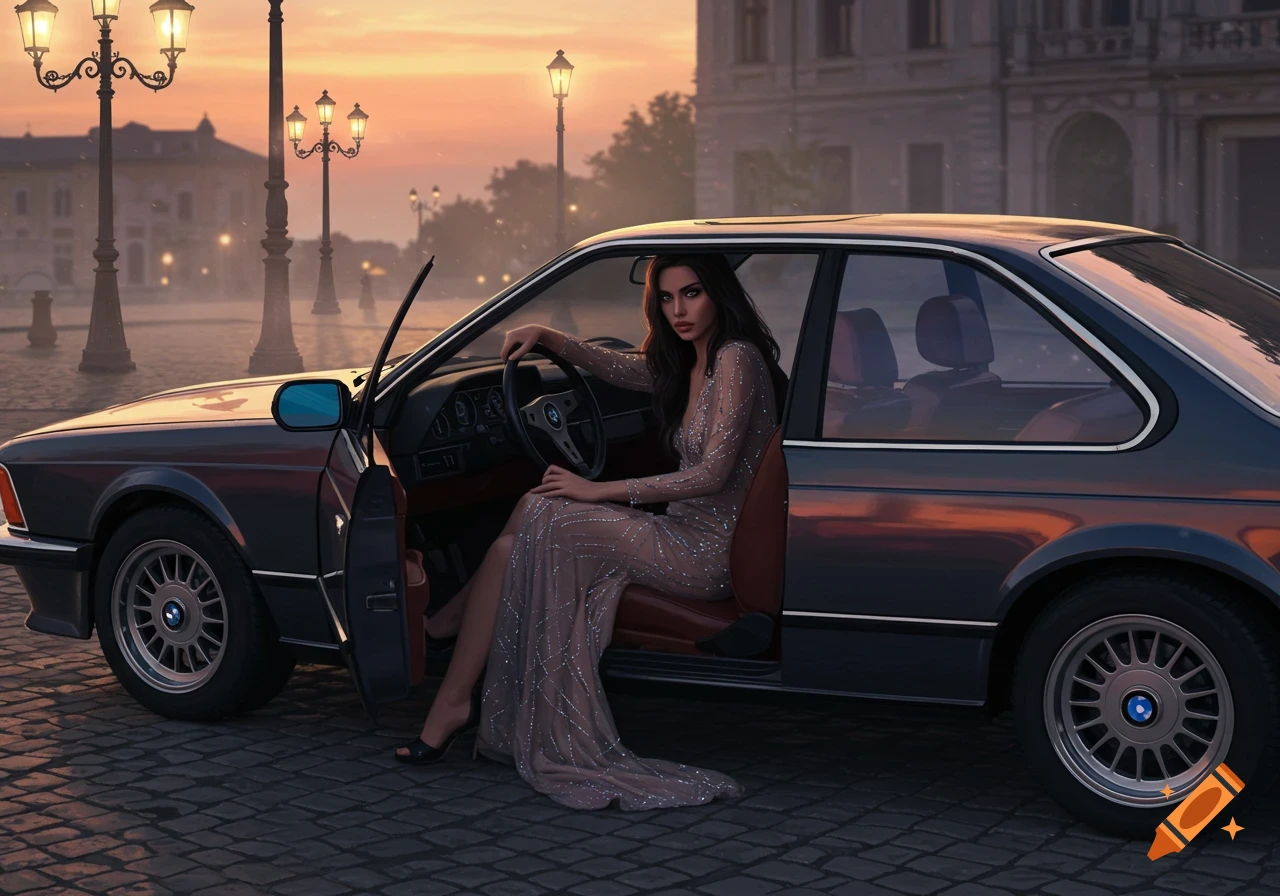 Photorealistic image of a woman in a sparkling dress sitting in a dark gray vintage BMW car on a cobblestone street at dusk.