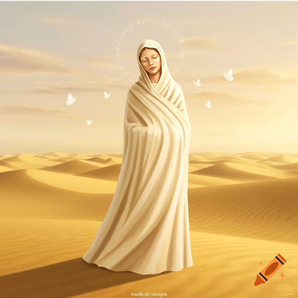 A serene, cloaked figure with a halo stands in a sunny desert with dunes, surrounded by white butterflies. Digital illustration.