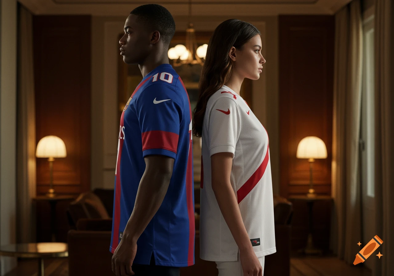 Two models, one male in a blue and red striped soccer jersey and one female in a white jersey with a red stripe, stand back to back in a luxurious room.