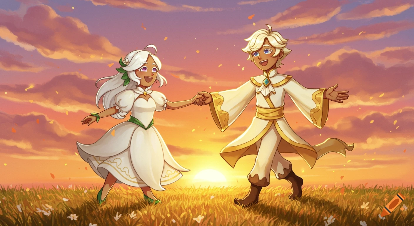 Anime-style characters White Lily Cookie and Pure Vanilla Cookie dance hand-in-hand in a sunny field at sunset.