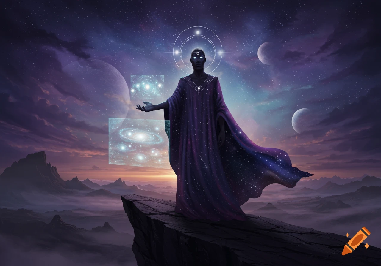 A mystical figure in cosmic robes with glowing eyes stands on a cliff, projecting glowing galaxies into a starry sky over misty mountains.