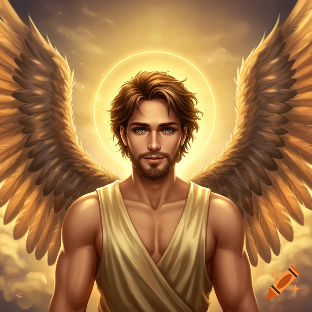 A handsome angel with golden brown hair, a short beard, blue-green eyes, and large golden eagle wings, glowing softly in digital art.