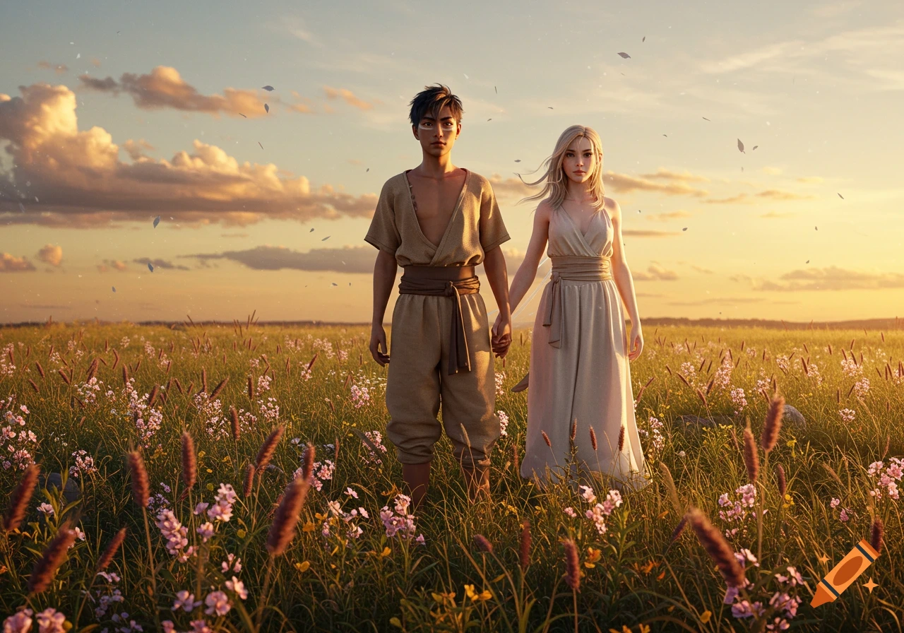 A young man and woman holding hands in a dreamy, photorealistic wildflower field at sunset.